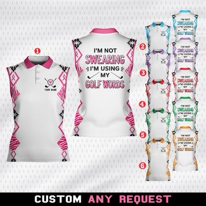 Close up front view of the sleeveless golf polo shirt with custom name