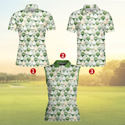 Detailed front view of the argyle and striped golf ball pattern on the polo shirt