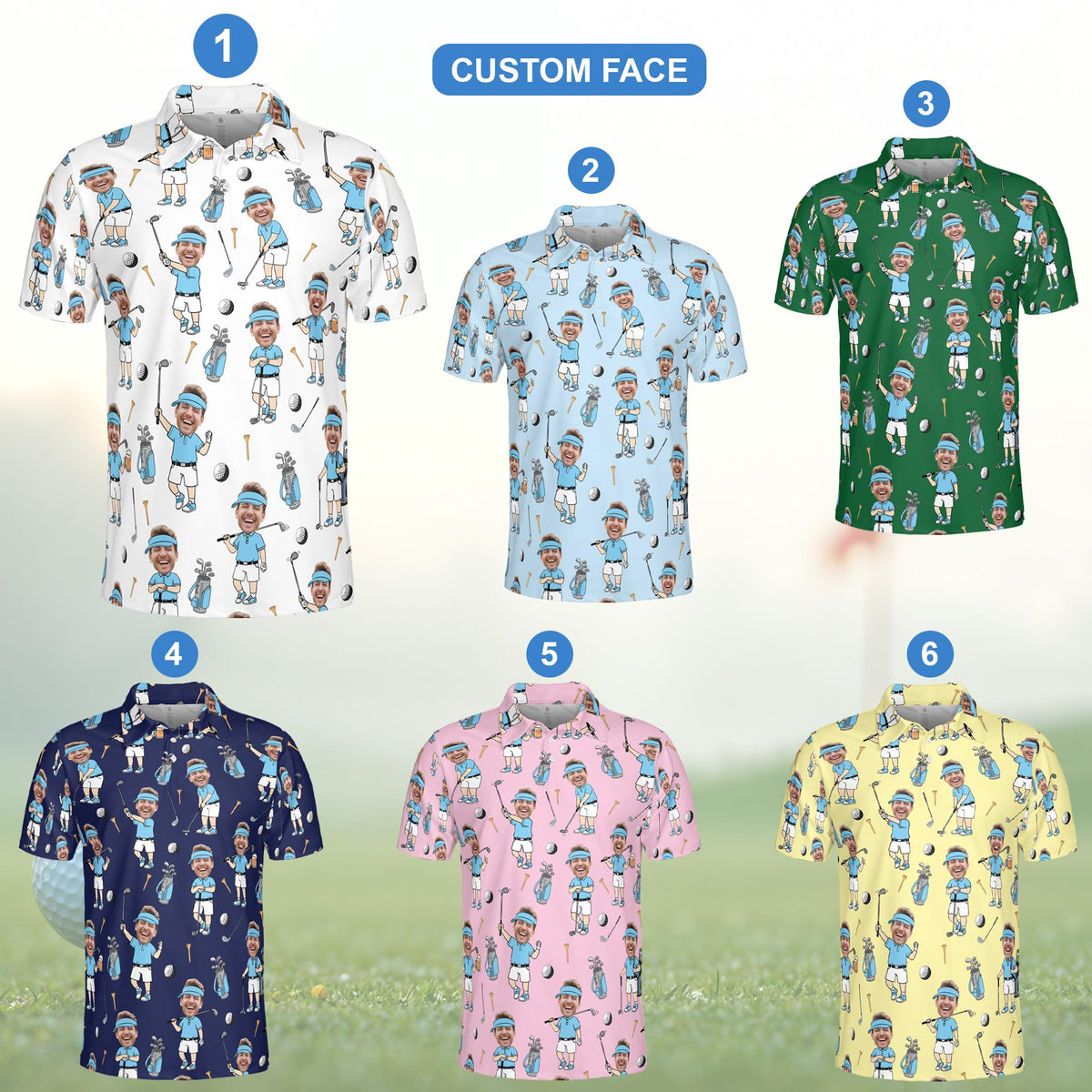 Front view of the personalized golf polo shirt with cartoon golf design