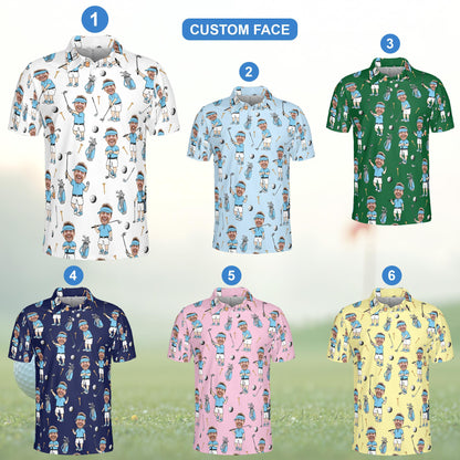 Front view of the personalized golf polo shirt with cartoon golf design