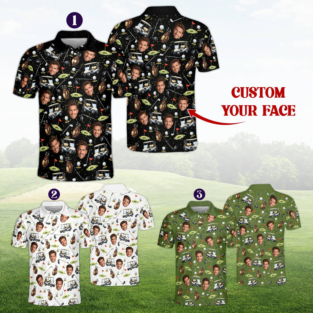 Alternative front view of the personalized golf polo shirt displaying custom name and number