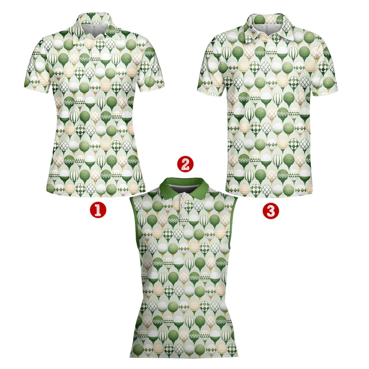 Front angle of the green and white geometric golf polo shirt