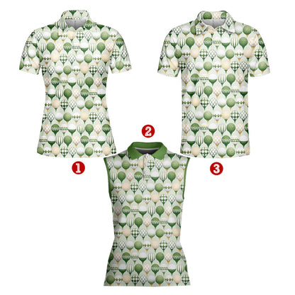 Front angle of the green and white geometric golf polo shirt