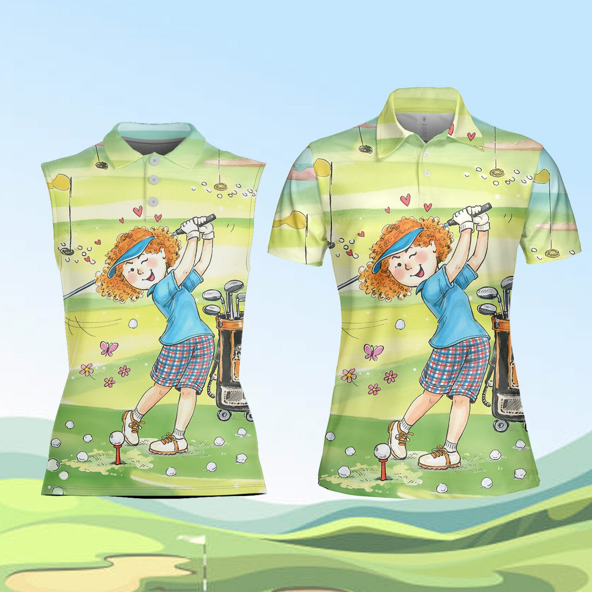 Additional front view of cartoon female golfer polo shirt