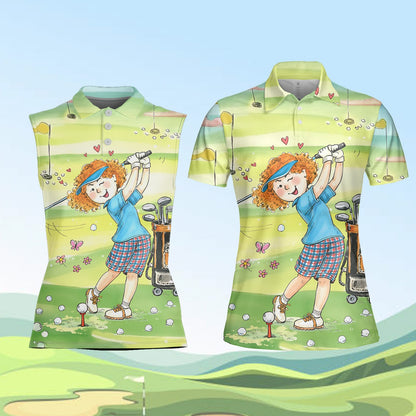 Additional front view of cartoon female golfer polo shirt
