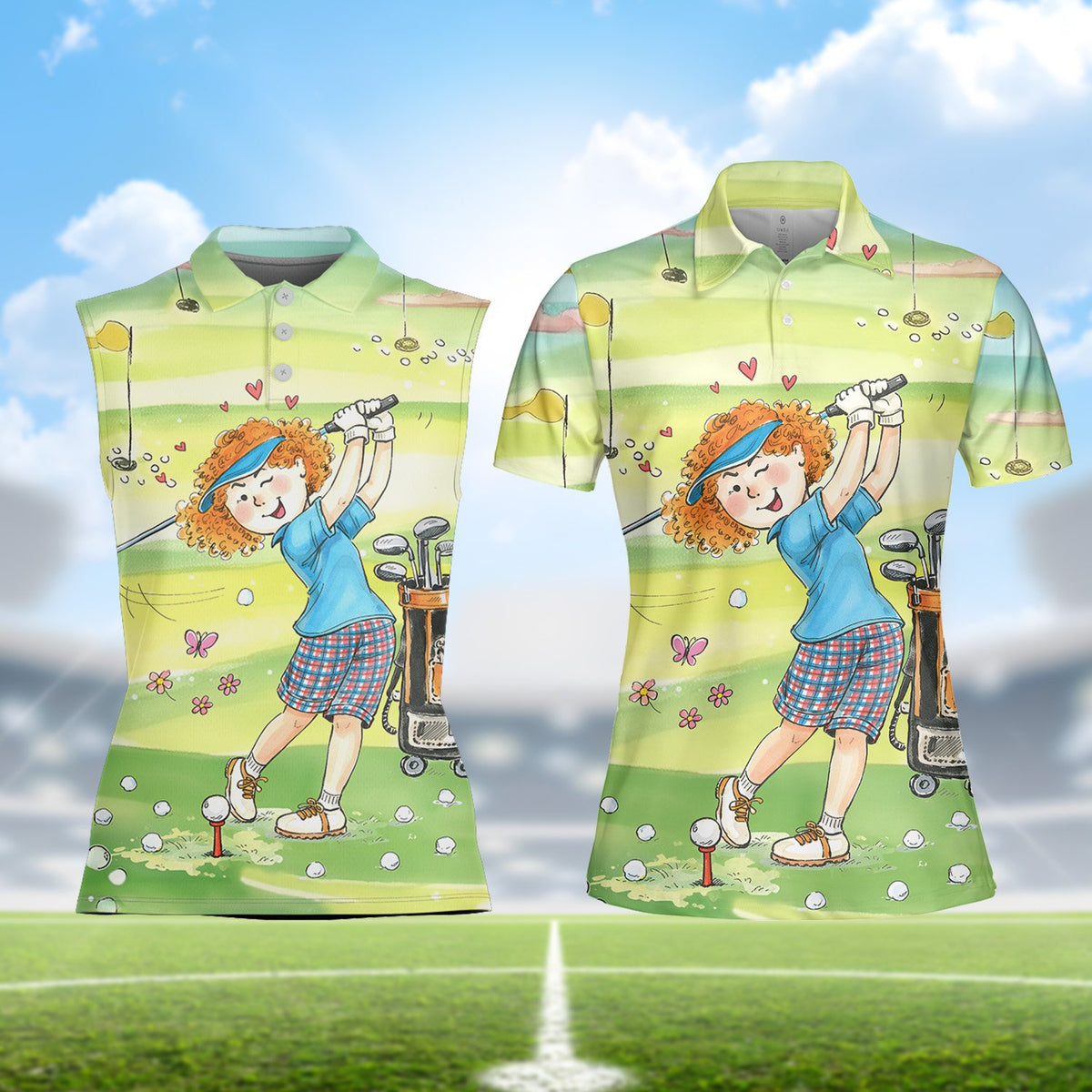 Polo shirt front detail with red haired golfer