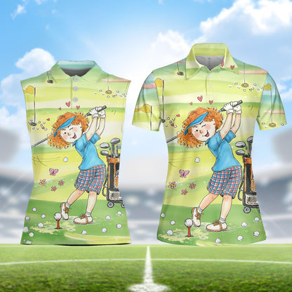 Polo shirt front detail with red haired golfer