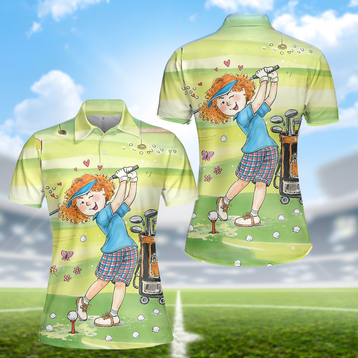 Front layout of green golf polo shirt