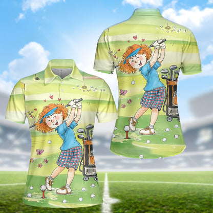 Front layout of green golf polo shirt