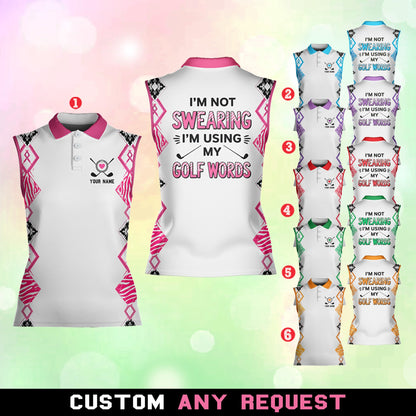 Front view of the sleeveless golf polo shirt featuring custom name