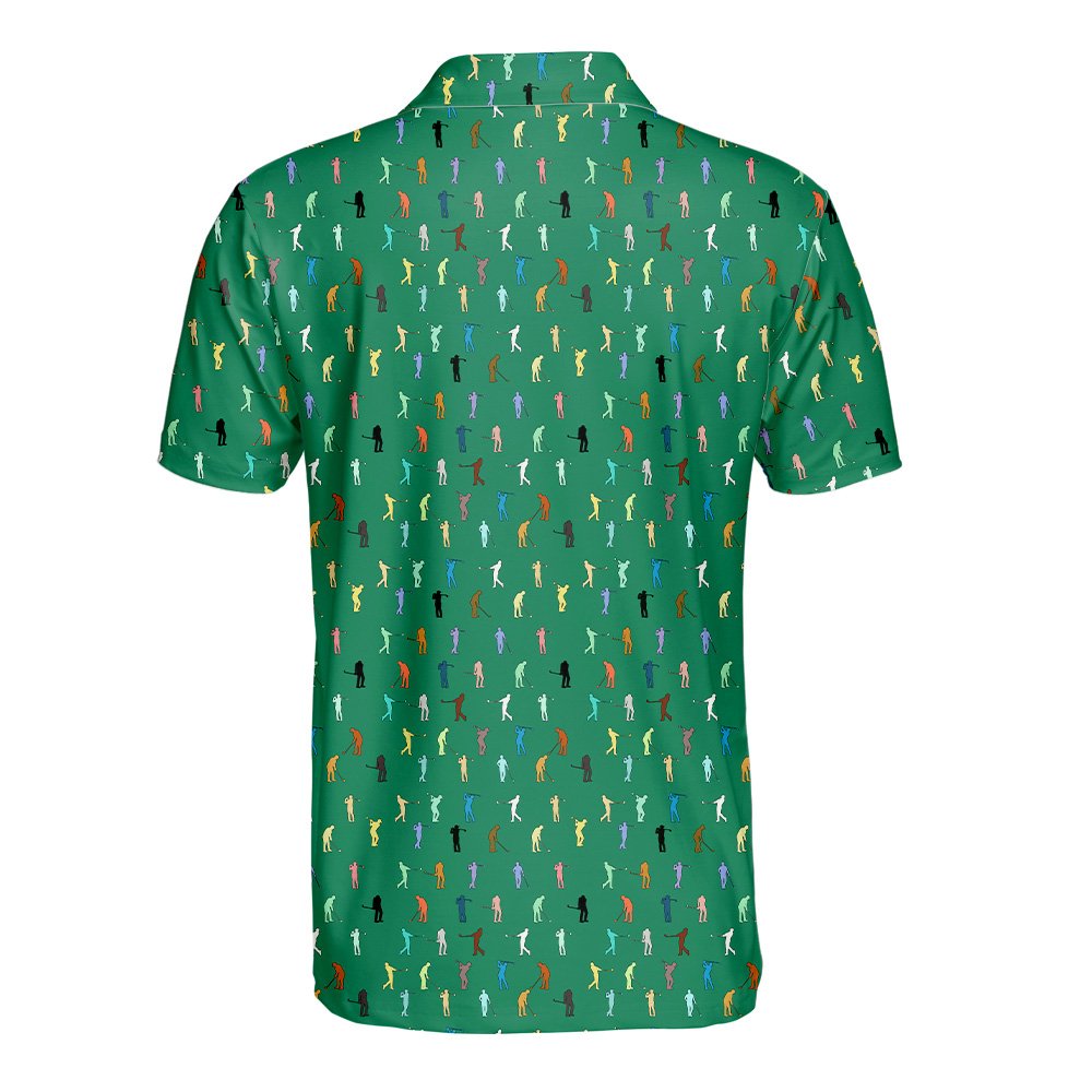 Green golf polo shirt with colorful golfer silhouettes pattern, back detail view