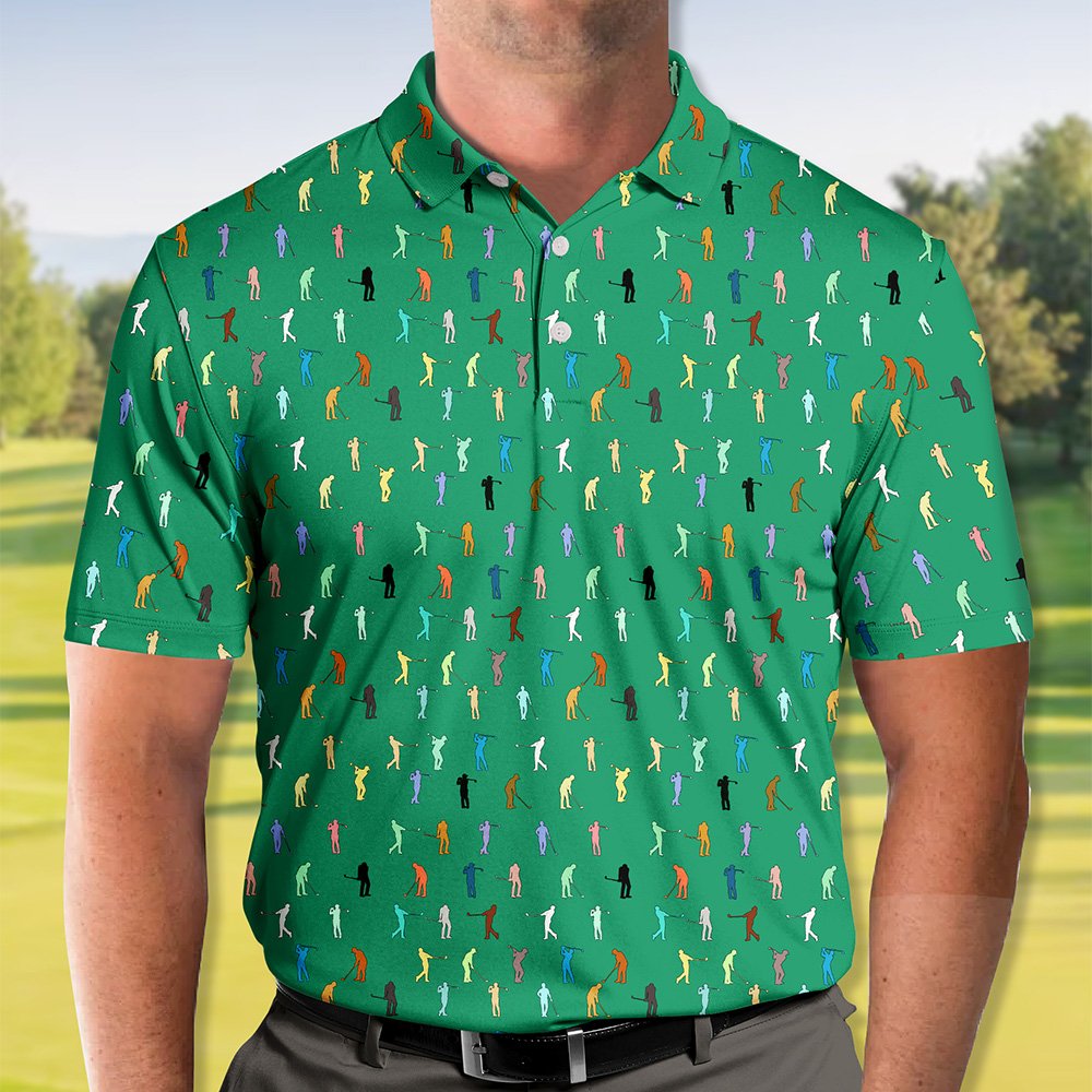 Green golf polo shirt with colorful golfer silhouettes pattern, back view