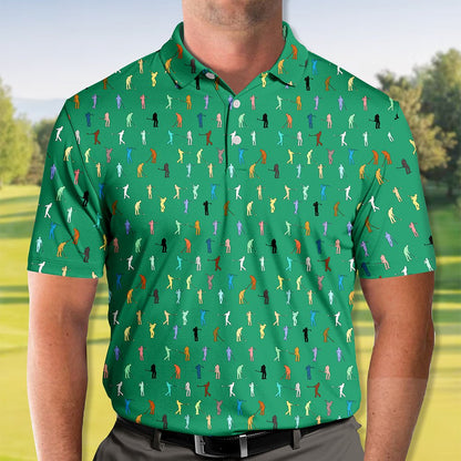 Green golf polo shirt with colorful golfer silhouettes pattern, back view