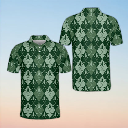 Green golf polo shirt with argyle diamond pattern and crossed golf clubs, main view