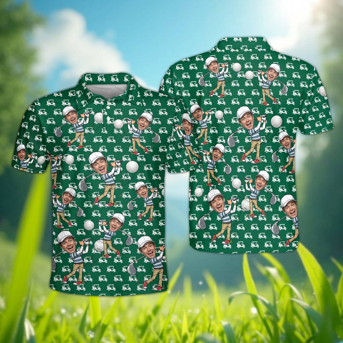Front view of custom golf polo shirt in green with cartoon golfer design