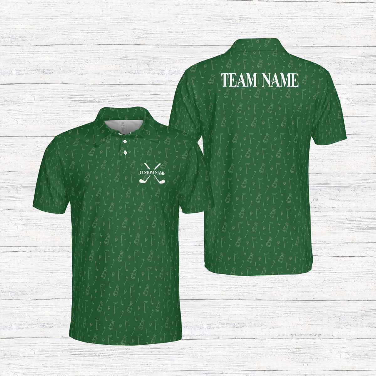 Personalized green golf polo shirt with custom text graphic, front view