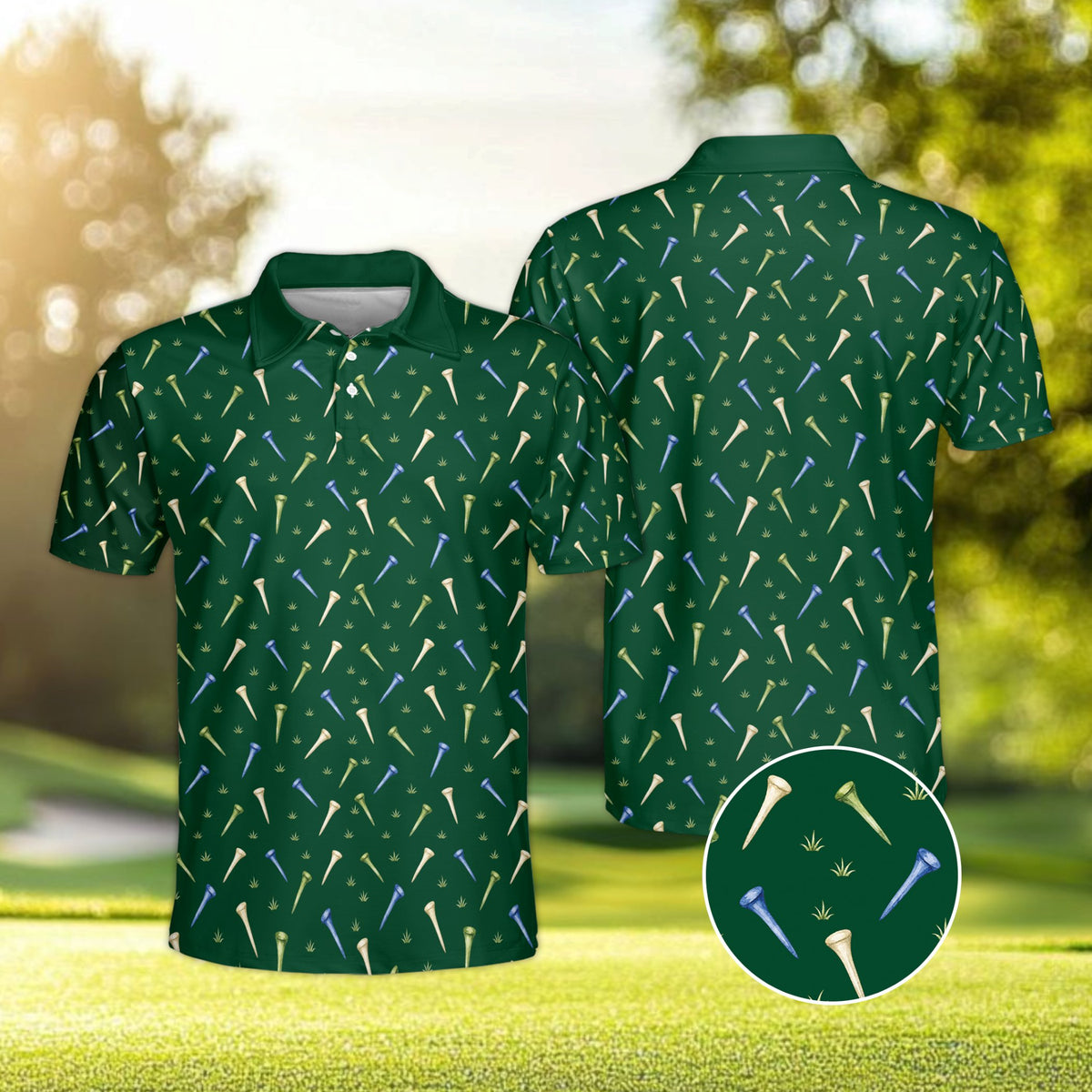 Green golf polo shirt featuring scattered tees pattern, front view