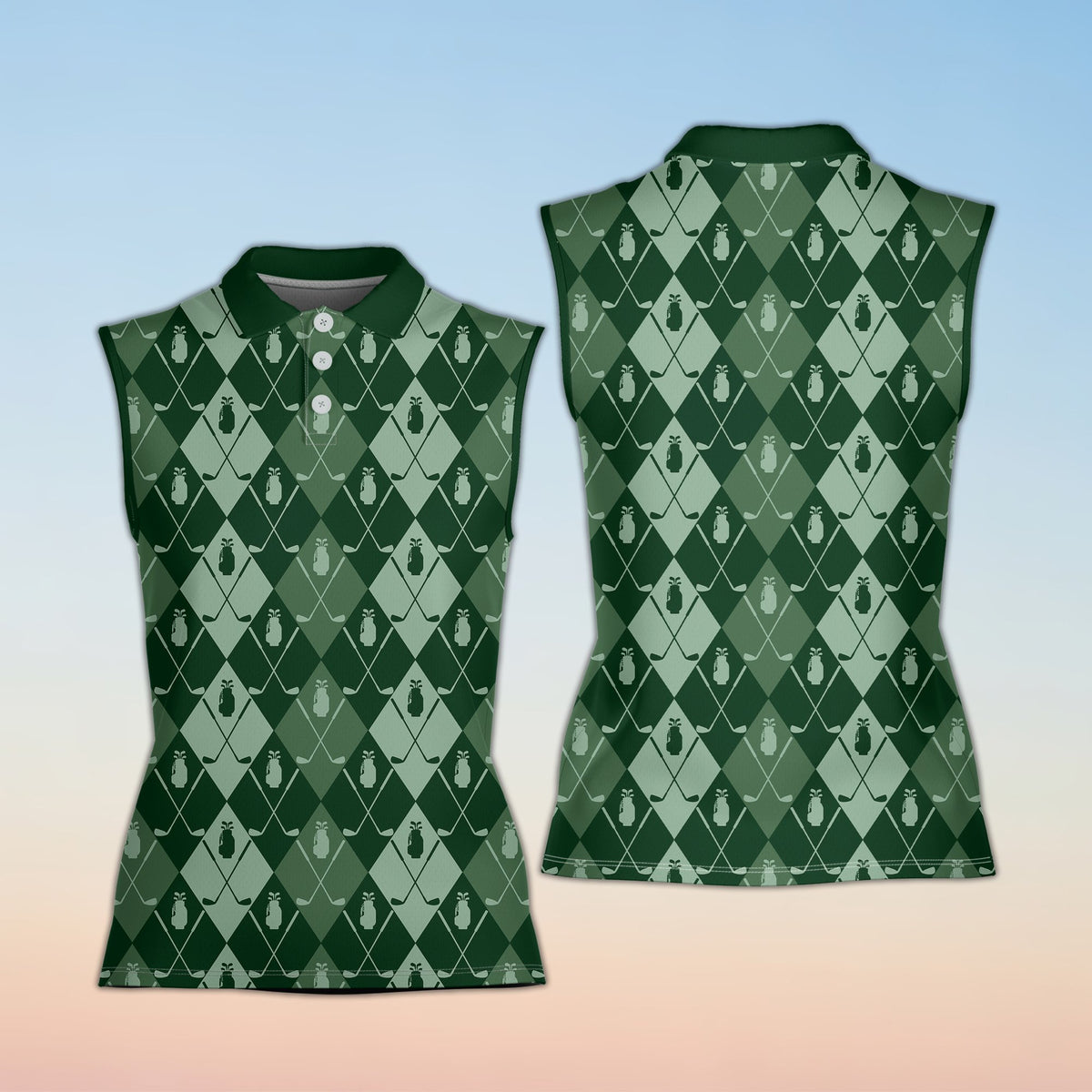 Green golf polo shirt with argyle club and bag design, front view