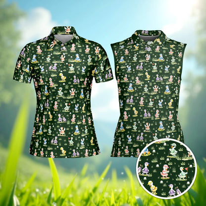 Green golf polo shirt featuring an all-over print of cartoon ducks playing golf