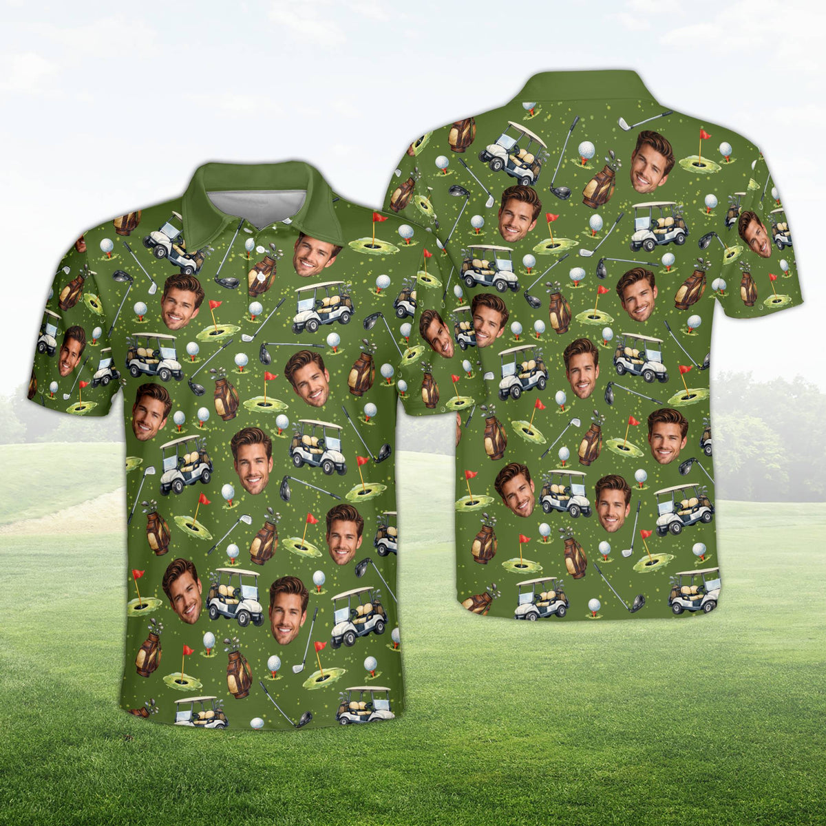 Front view of a green personalized golf polo shirt with custom face and golf pattern