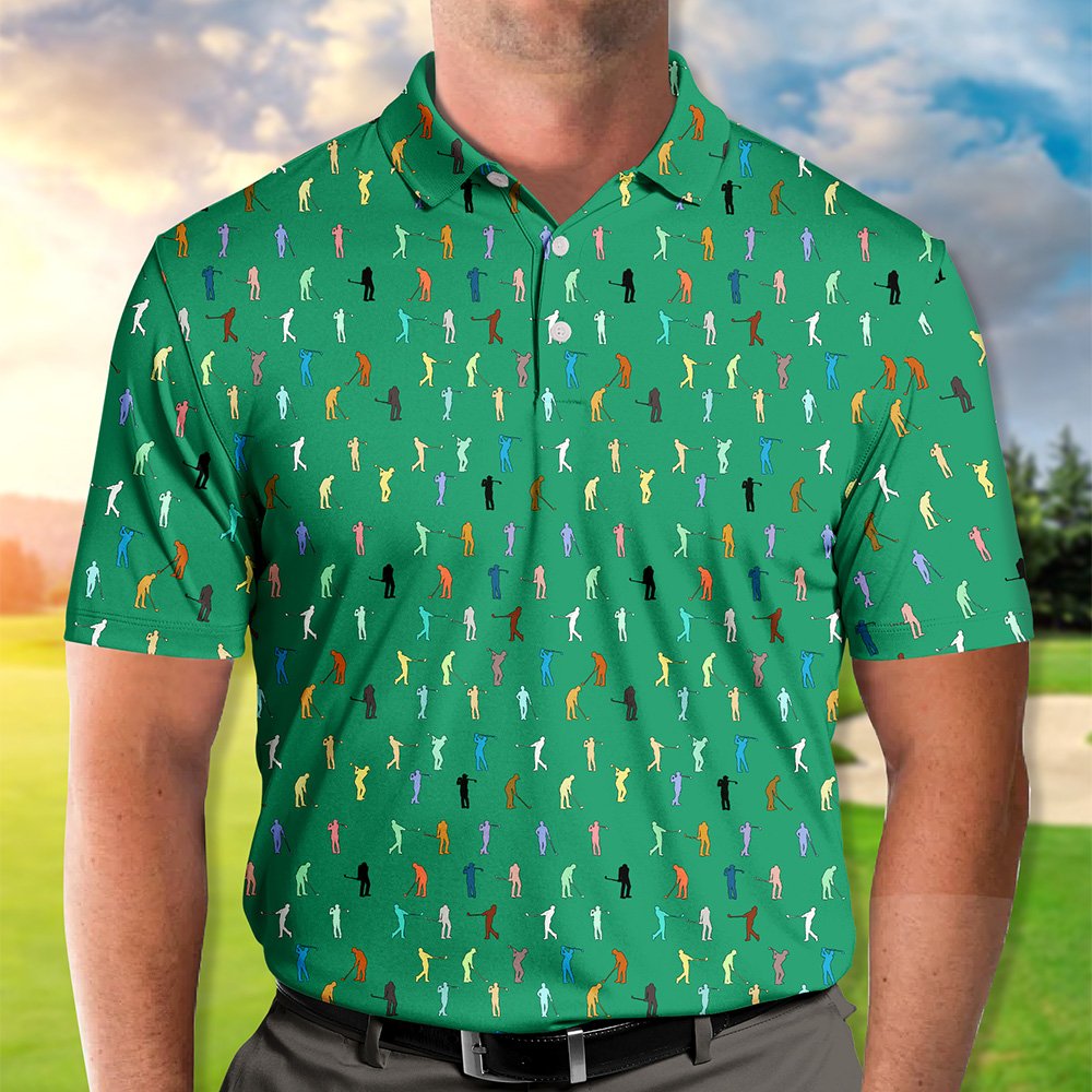 Green golf polo shirt with colorful golfer silhouettes pattern, front detail view