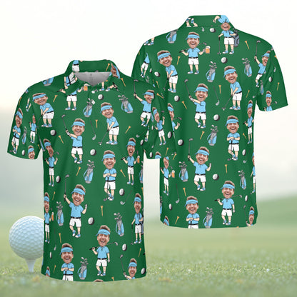 Personalized green golf polo shirt with custom name and number, front view