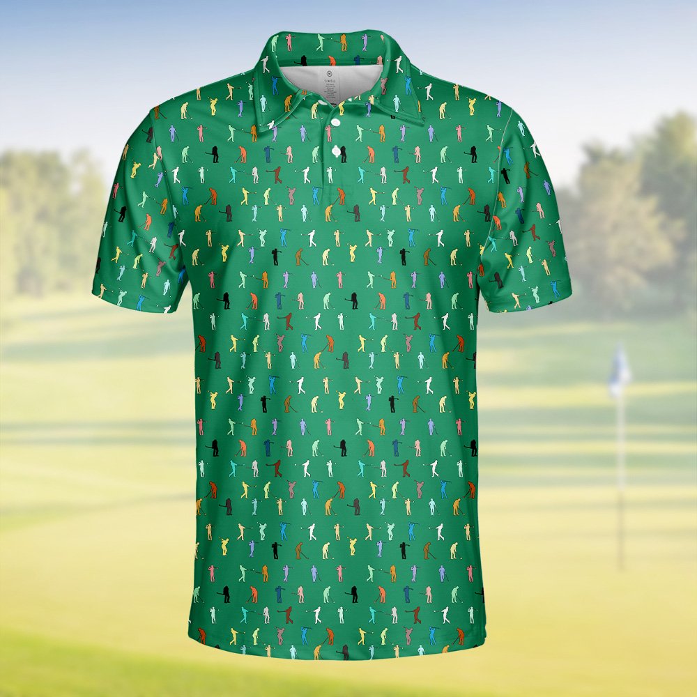 Green golf polo shirt with colorful golfer silhouettes pattern, close-up front view