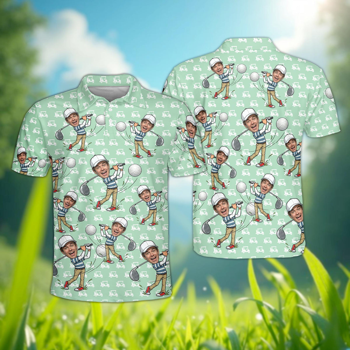 Front view of personalized golf polo shirt in light green