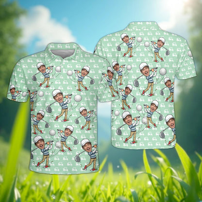 Front view of personalized golf polo shirt in light green