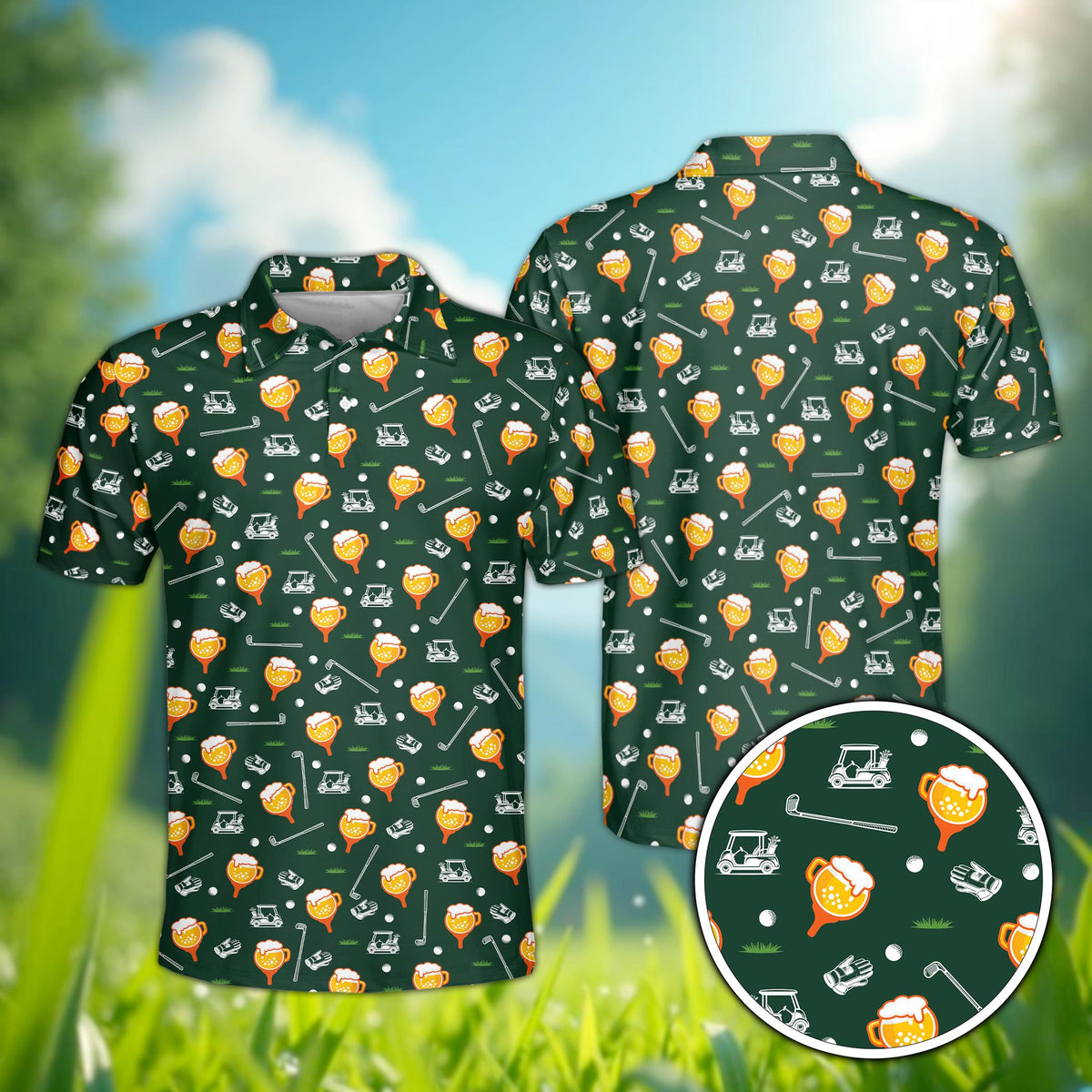 Green personalized golf polo shirt, front view