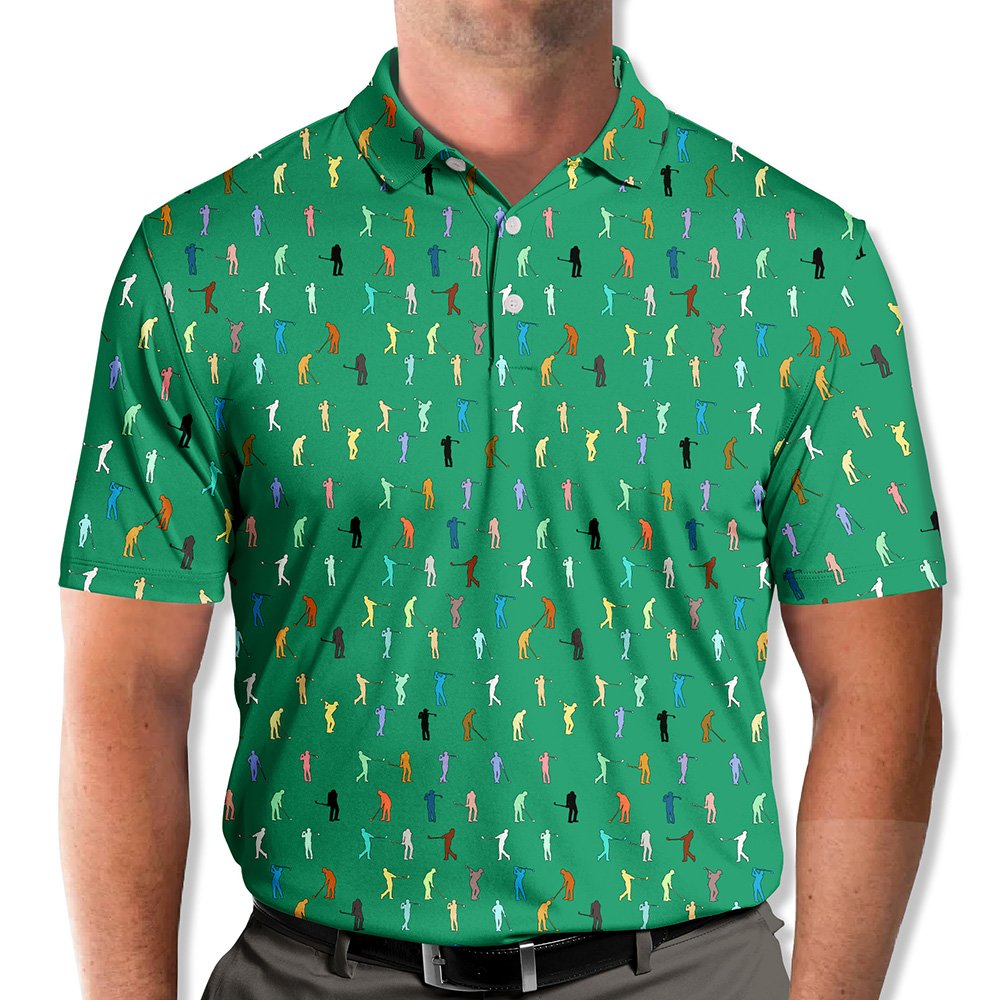 Green golf polo shirt with colorful golfer silhouettes pattern, main view