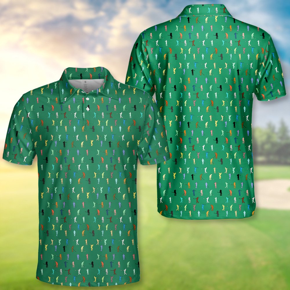 Person wearing green golf polo shirt with golfer silhouettes pattern, lifestyle view 2