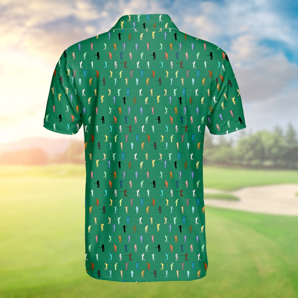Person wearing green golf polo shirt with golfer silhouettes pattern, lifestyle view 3