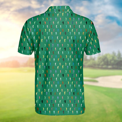 Person wearing green golf polo shirt with golfer silhouettes pattern, lifestyle view 3