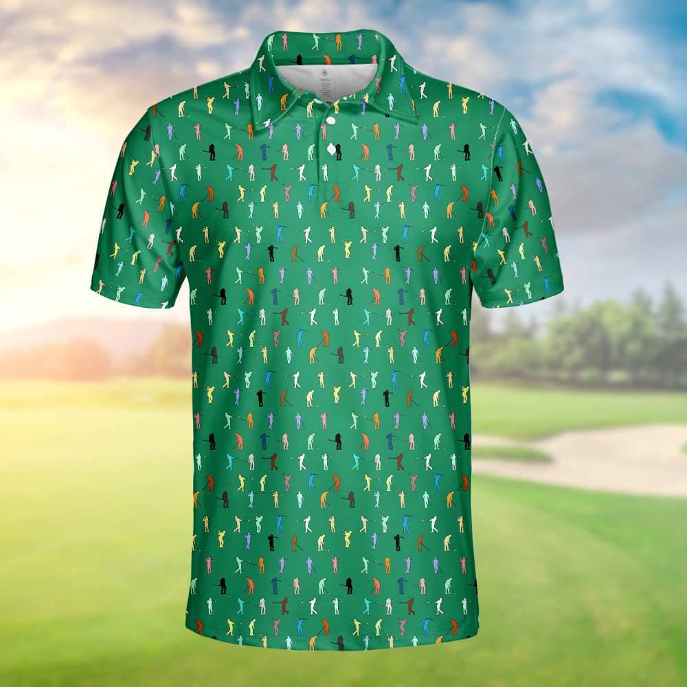Person wearing green golf polo shirt with golfer silhouettes pattern, lifestyle view 4