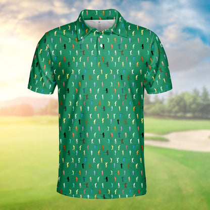 Person wearing green golf polo shirt with golfer silhouettes pattern, lifestyle view 4