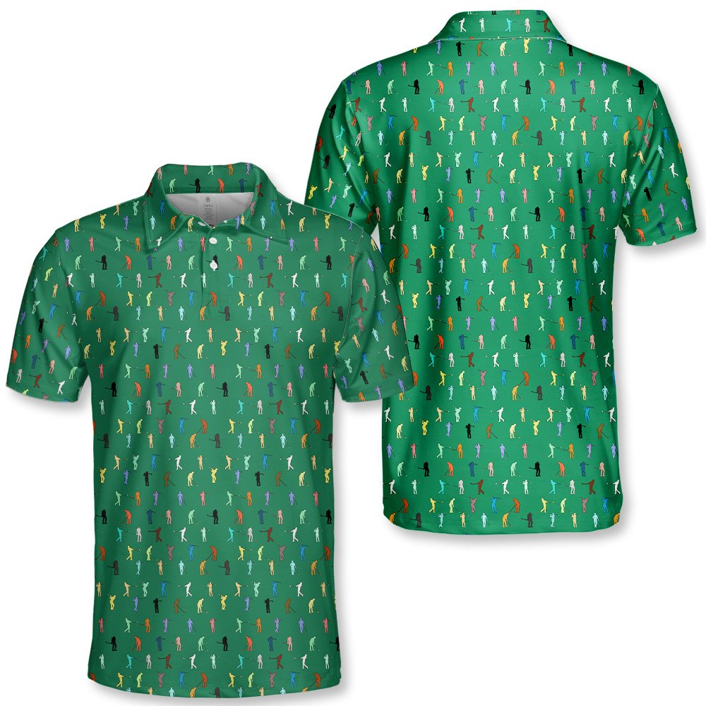Person wearing green golf polo shirt with golfer silhouettes pattern, lifestyle view 1