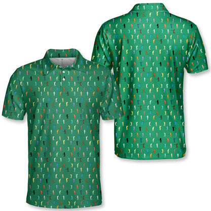 Person wearing green golf polo shirt with golfer silhouettes pattern, lifestyle view 1