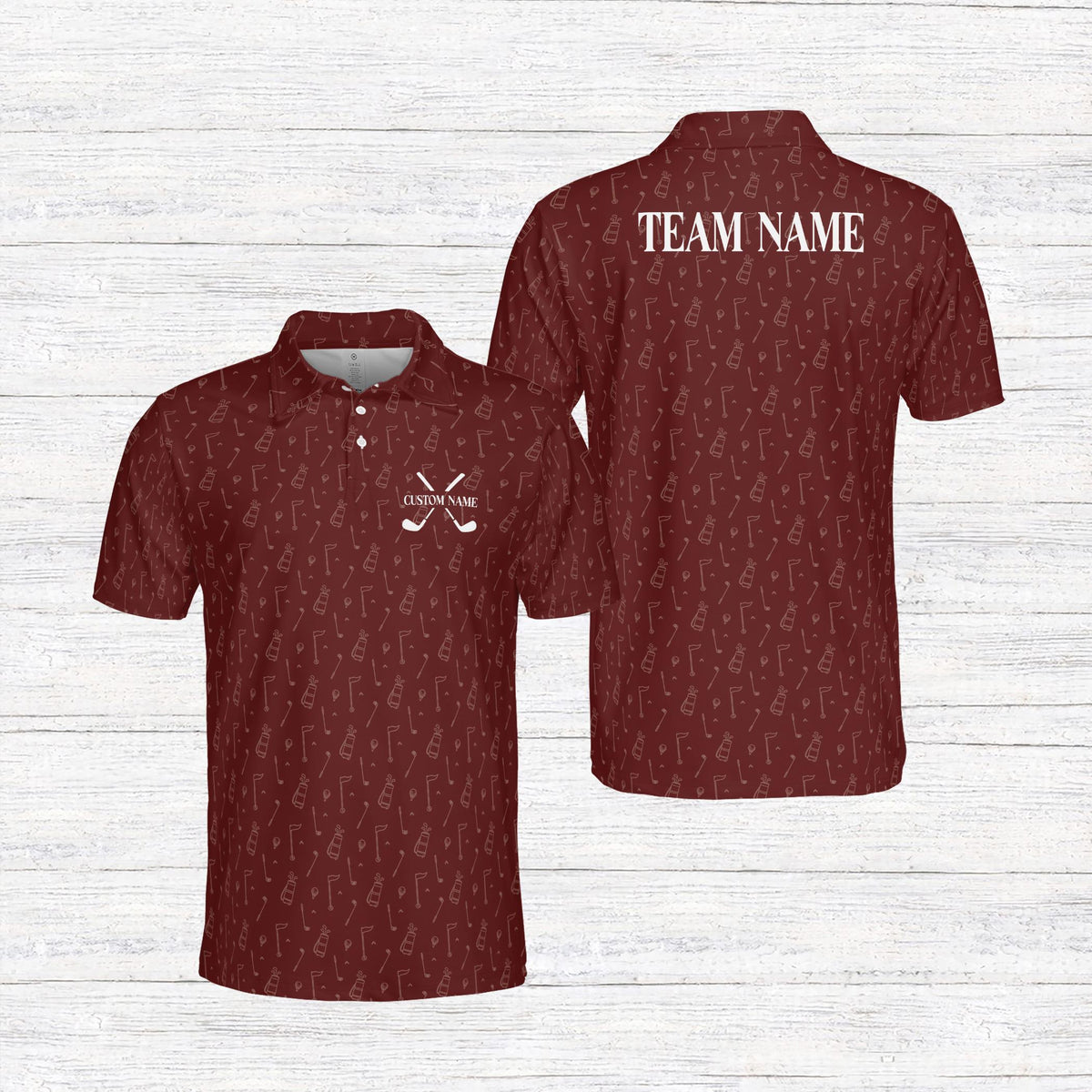 Personalized maroon golf polo shirt with custom chest graphic, front view