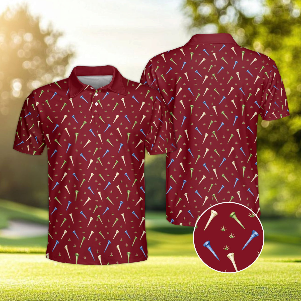 Maroon golf polo shirt with scattered tees pattern, front view