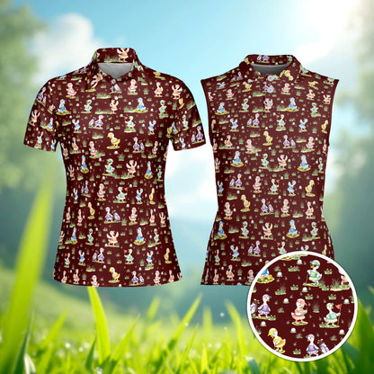 Maroon golf polo shirt featuring an all-over print of cartoon ducks playing golf