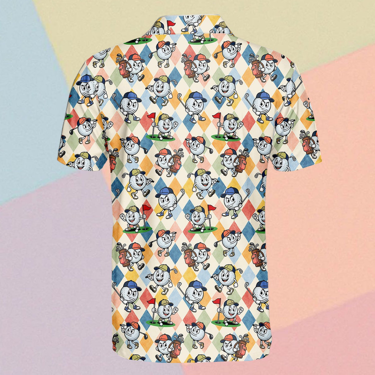 Alternate back view of the geometric golf polo shirt