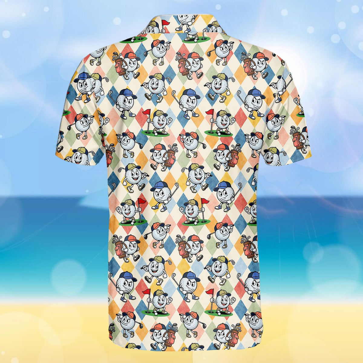 Detailed back view showing the cartoon illustrations on the polo shirt