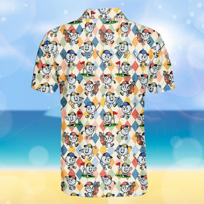 Detailed back view showing the cartoon illustrations on the polo shirt