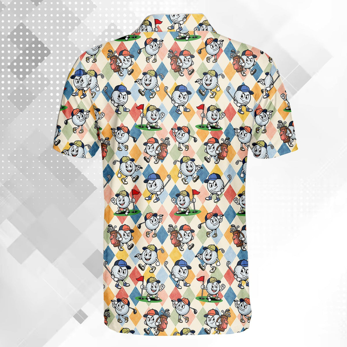 Close up back view of the argyle pattern on the golf polo shirt