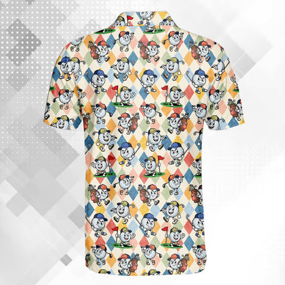 Close up back view of the argyle pattern on the golf polo shirt