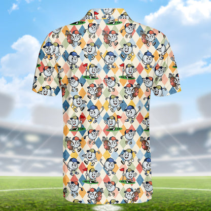 Back view of the argyle cartoon golf polo shirt