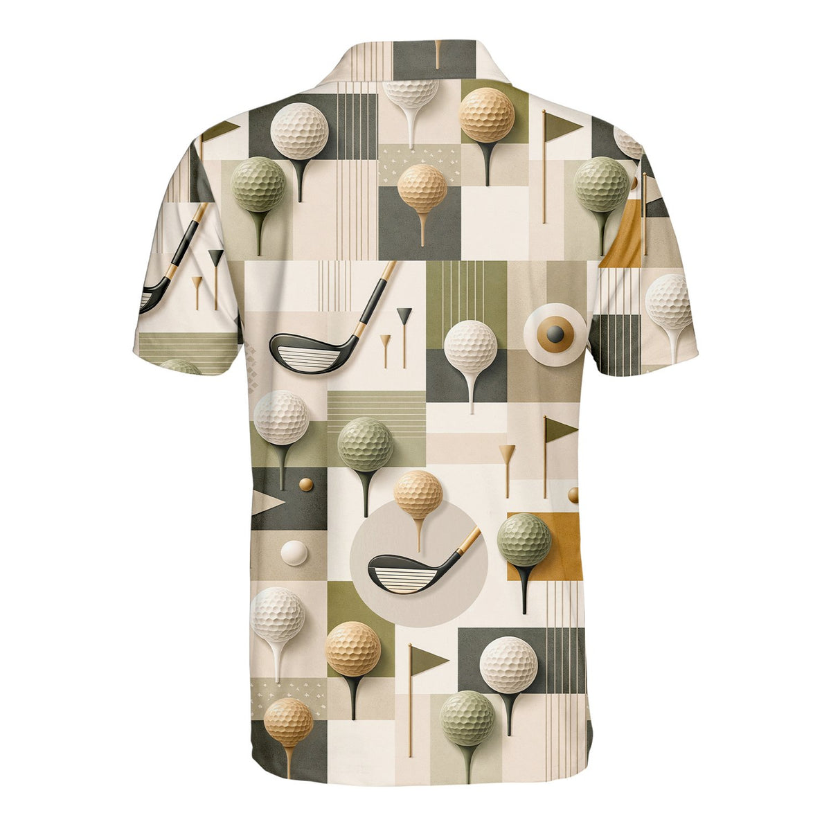 Geometric golf polo shirt featuring golf clubs and balls in beige and olive green, back view
