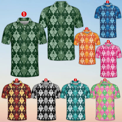 Multi-color golf polo shirt with argyle diamond pattern, front view