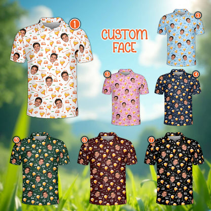 Multicolor custom polo shirt featuring golf carts and beer mugs, front view